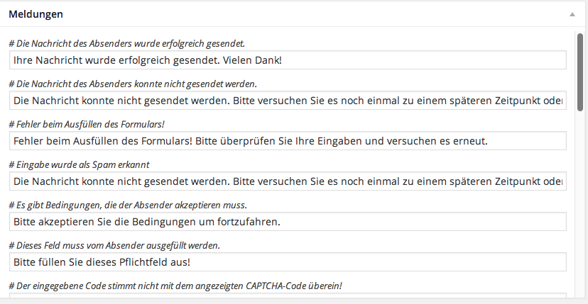 Contact Form: Meldungen