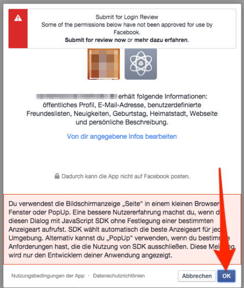 Facebook-Zugriff bestätigen